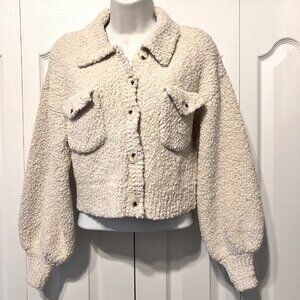 blue blush-made with love-Women's Chunky Boucle Cream Cropped Cardigan-Small